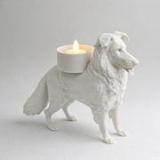 Border Collie waxinelichthouder wit met LED waxinelichtje in studio setting